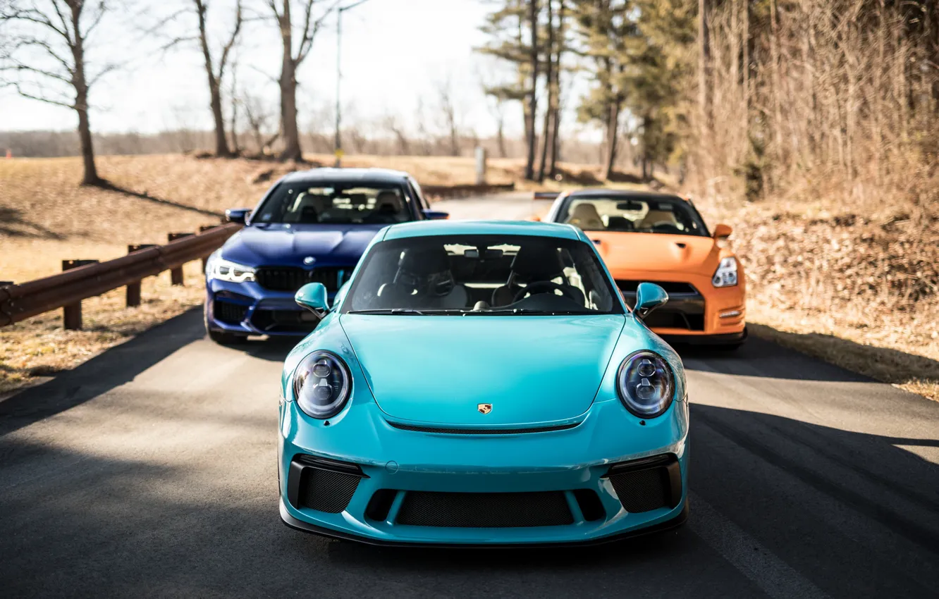 Фото обои 911, Porsche, BMW, GTR, Orange, Nissan, Blue, Front, Autumn, R35, Turbo S, VAG, F90