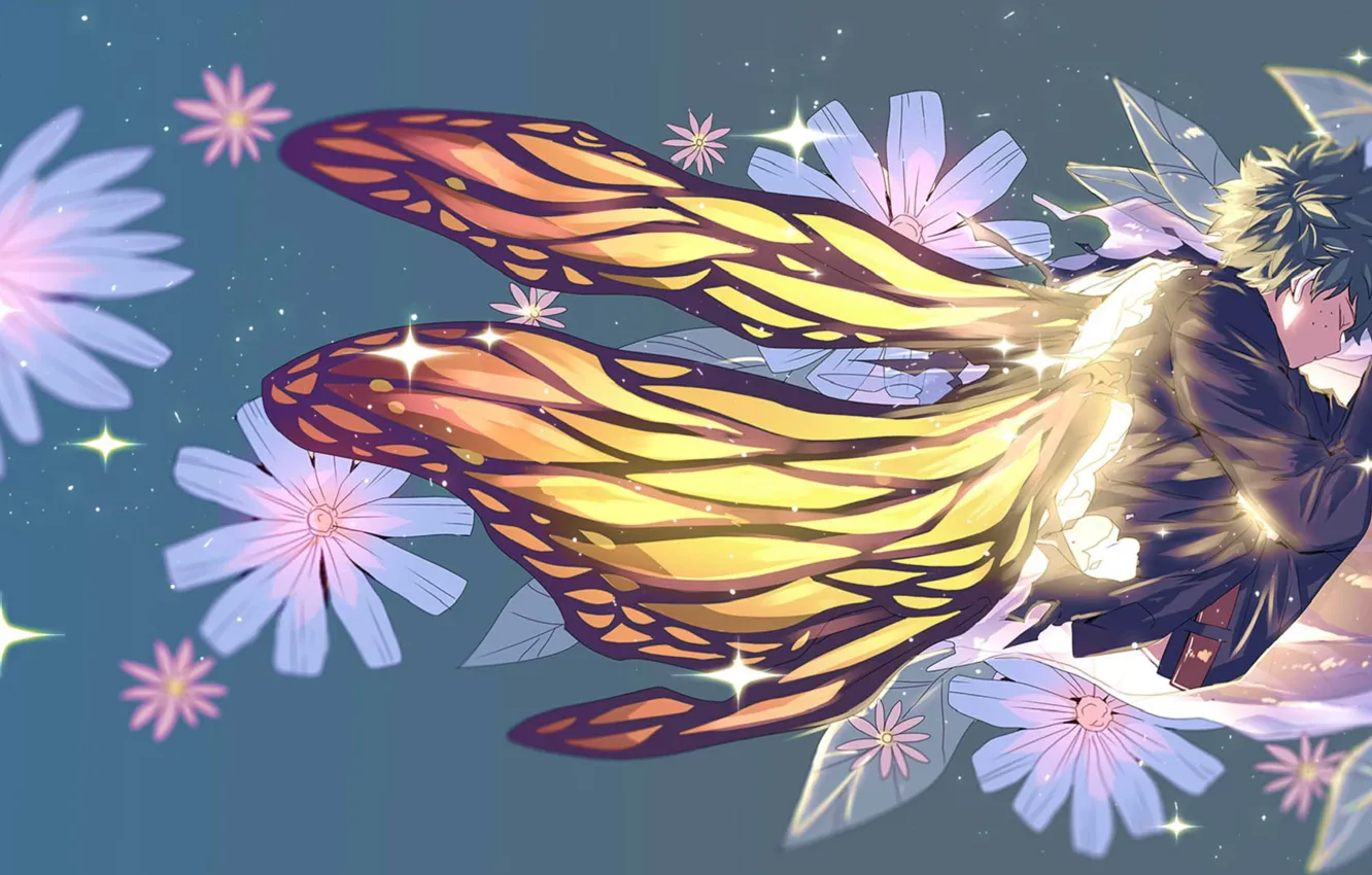 Фото обои цветы, бабочка, крылья, парень, Boku no Hero Academia, Мидория Изуку, Моя геройская акадеимя, Midoriya Izuku