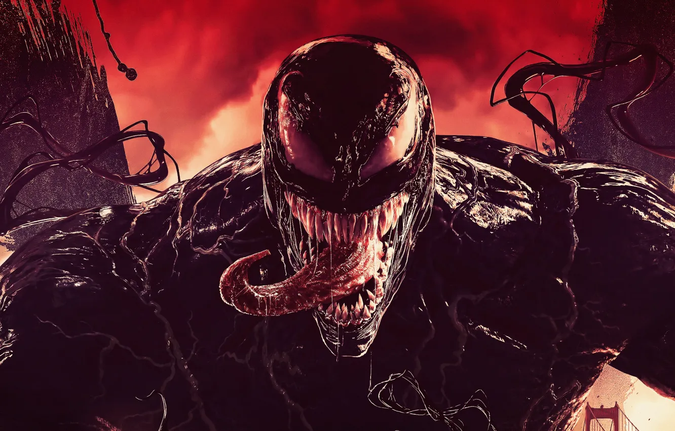 Фото обои язык, пасть, комиксы, красный фон, Веном, Venom, симбиот. 