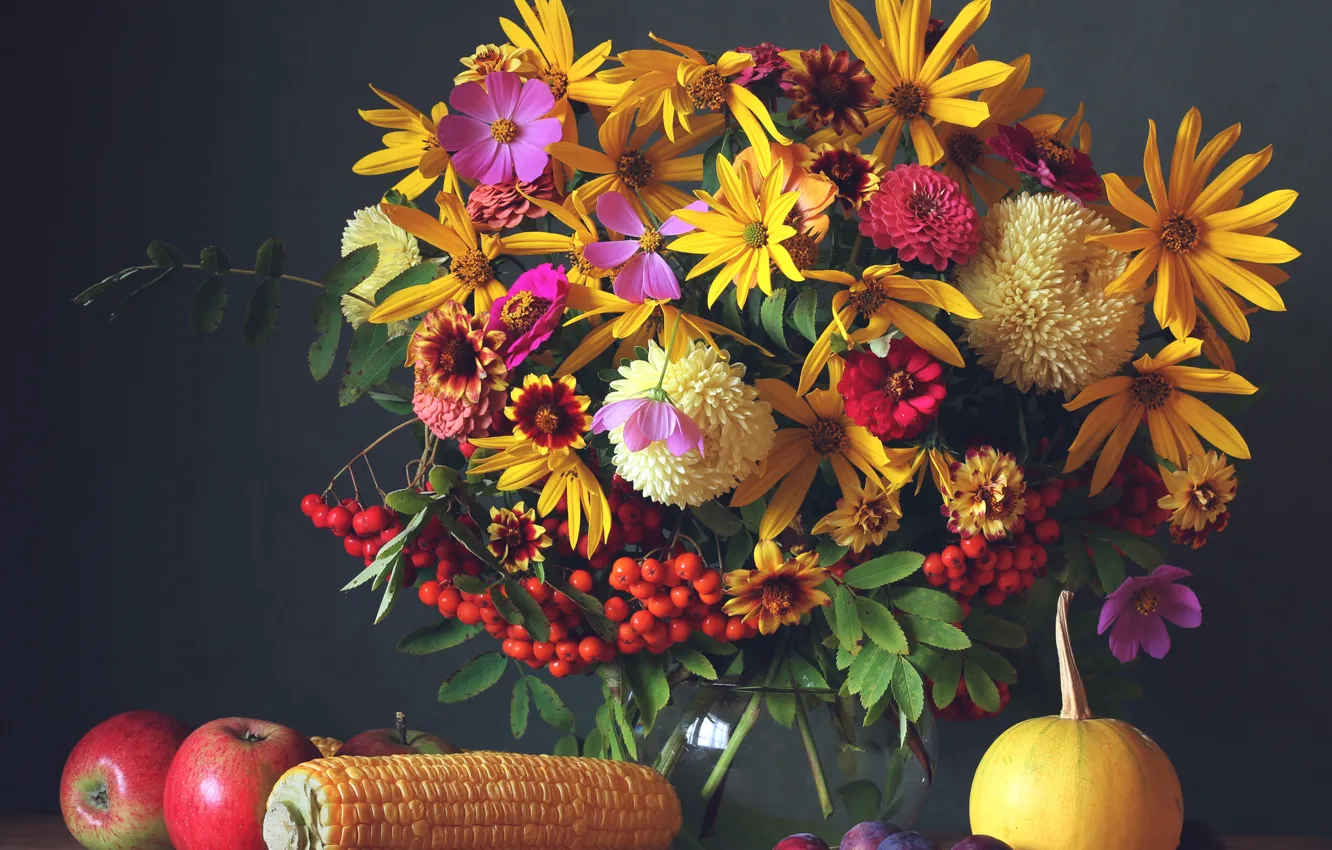 Фото обои осень, цветы, яблоки, букет, colorful, фрукты, натюрморт, flowers, autumn, fruit, still life, bouquet, harvest
