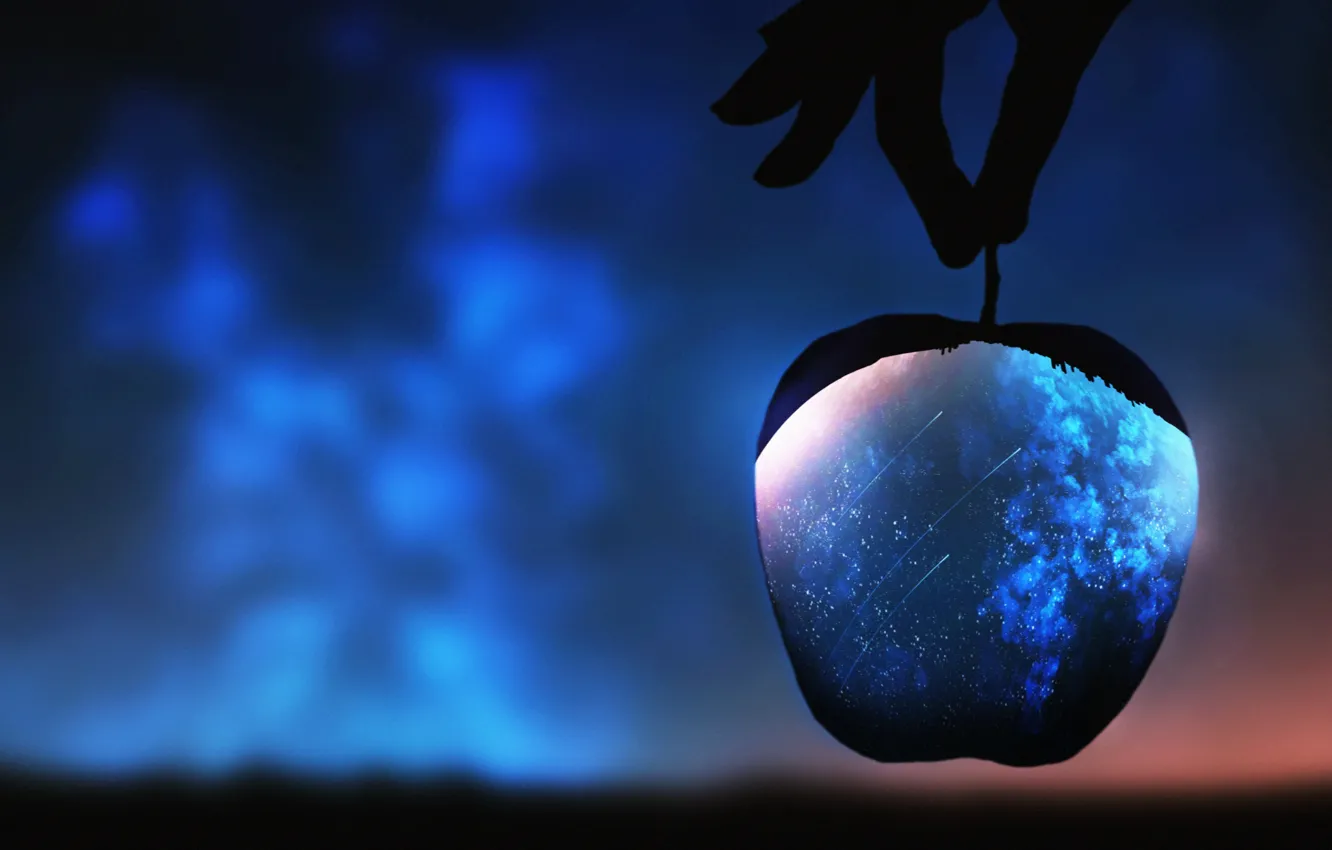 Фото обои космос, яблоко, рука, фэнтези, размытый фон