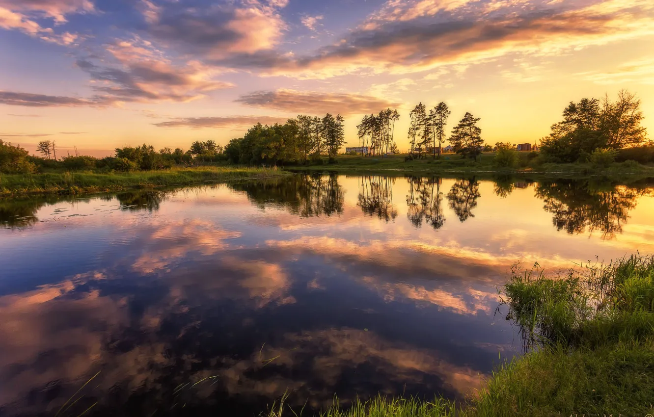 Фото обои лето, деревья, закат, природа, отражение, река, Алексей Малыгин