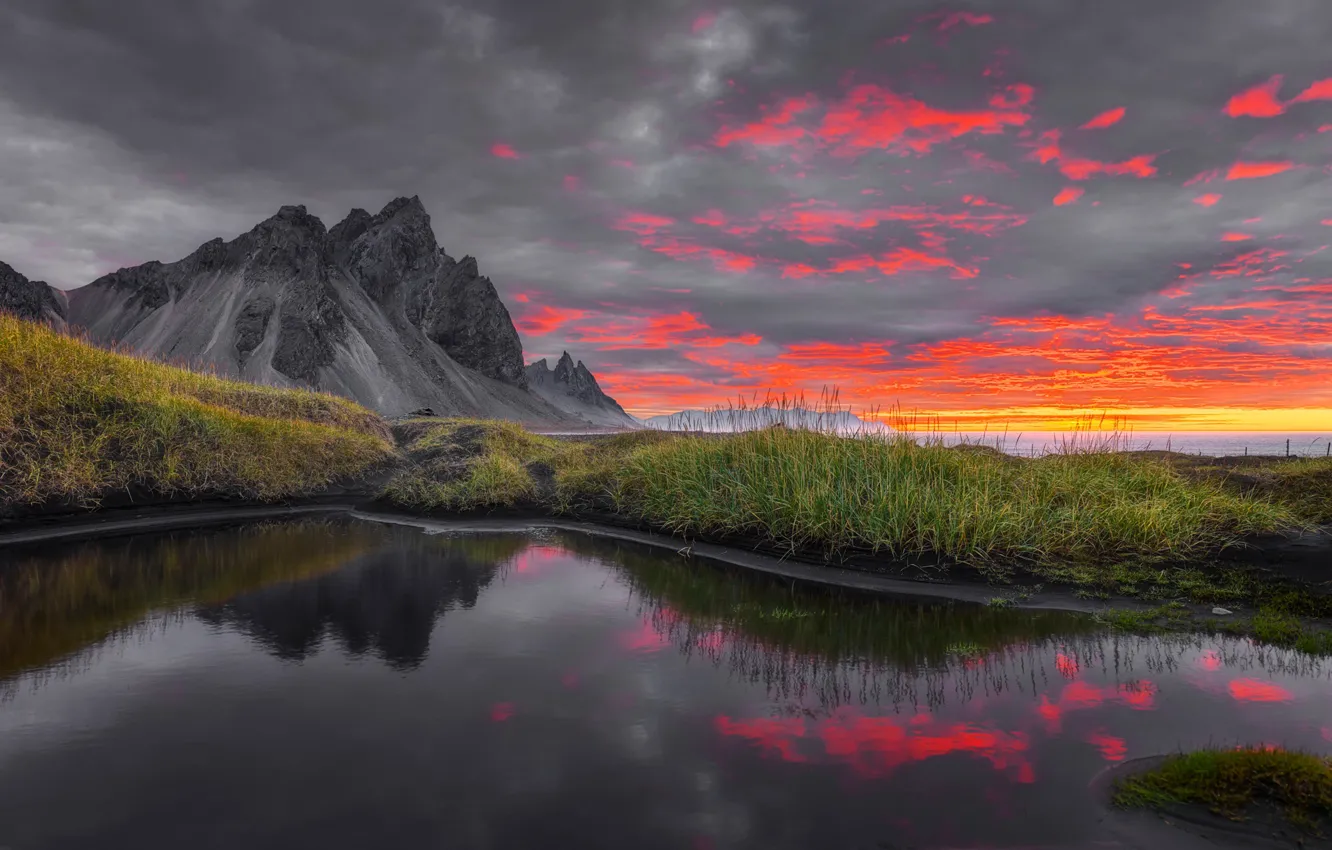 Фото обои восход, рассвет, гора, утро, Исландия, Iceland, Stokksnes, Стокснес, Гора Вестрахорн, Фьорд Хорнафьордюр, Vestrahorn Mountain, Hornafjörður