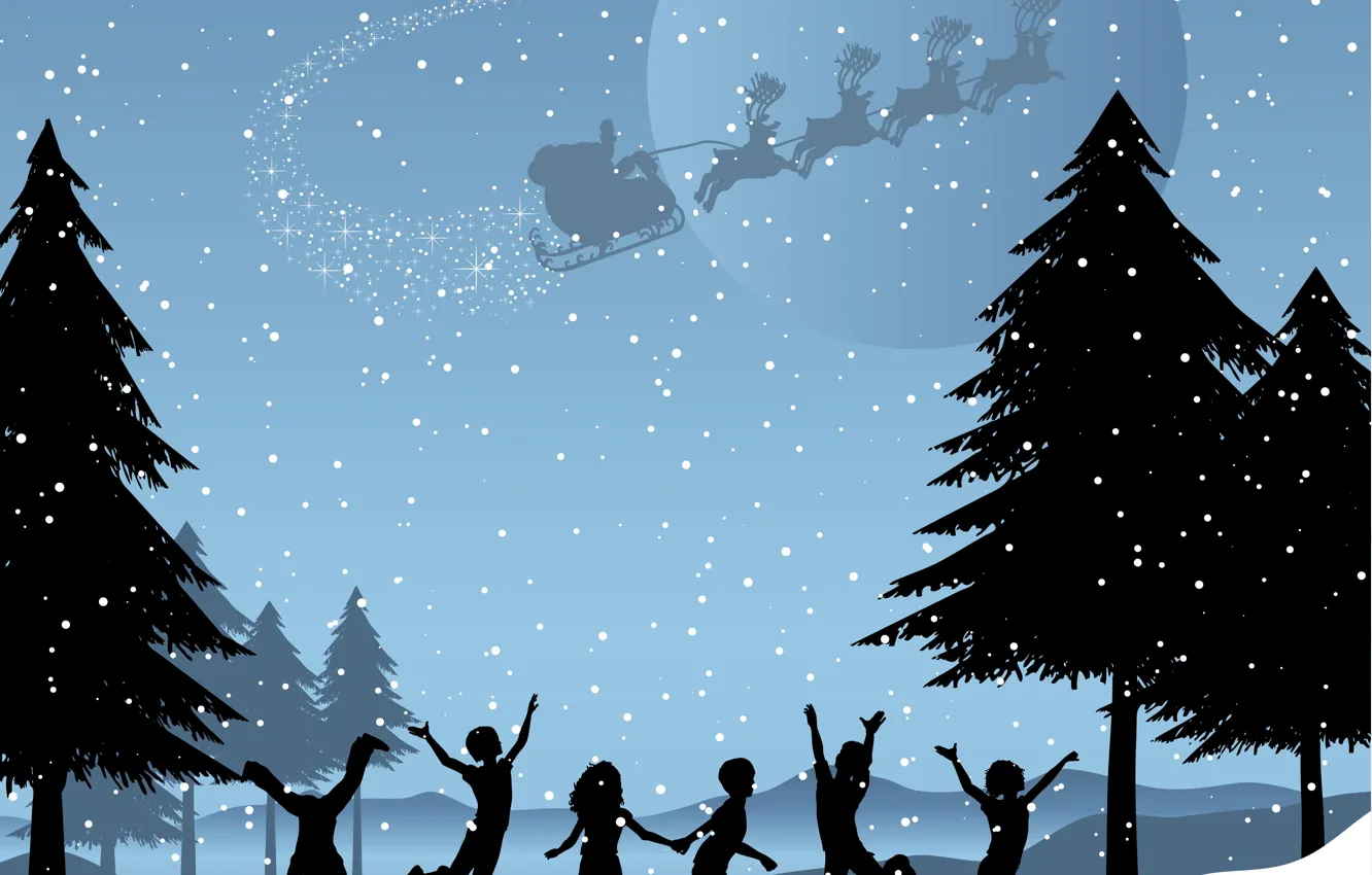 Фото обои Зима, Ночь, Снег, Дети, Рождество, Новый год, Санта Клаус, Олени, Ёлки, Радость, Мешок, Сани, Векторная …