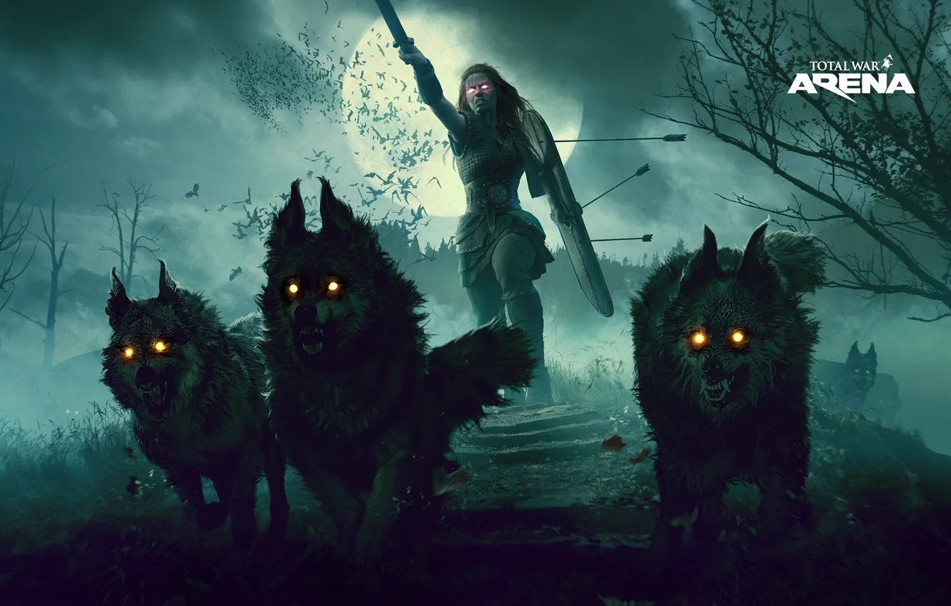 Фото обои dark, moon, sword, wolf, total war, wolves, shield, arrows, female, attack, Total War Arena, Boudica