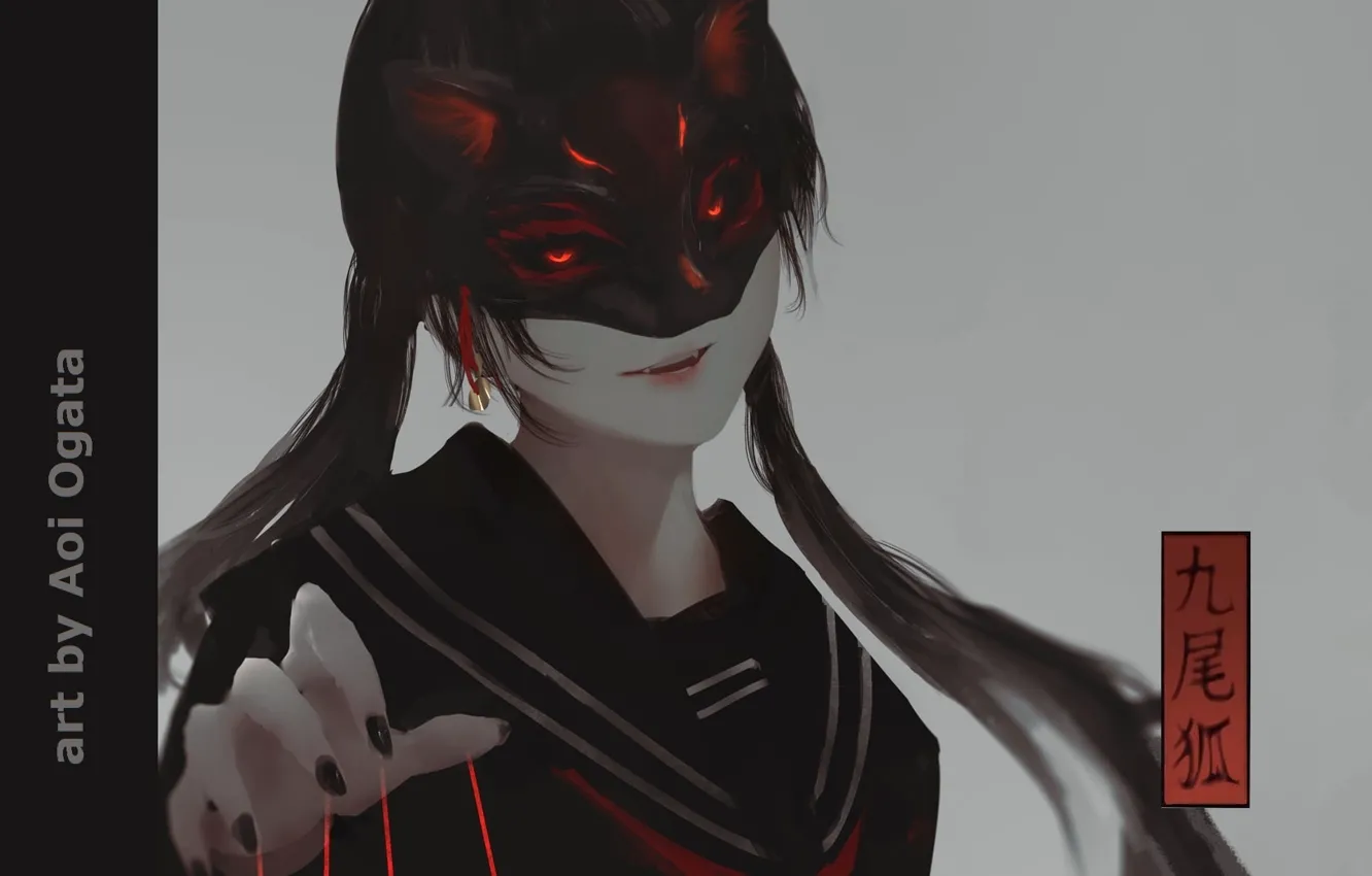 Фото обои клыки, школьница, заклинание, красные глаза, в маске, адская ухмылка, by Aoi Ogata, черная ведьма