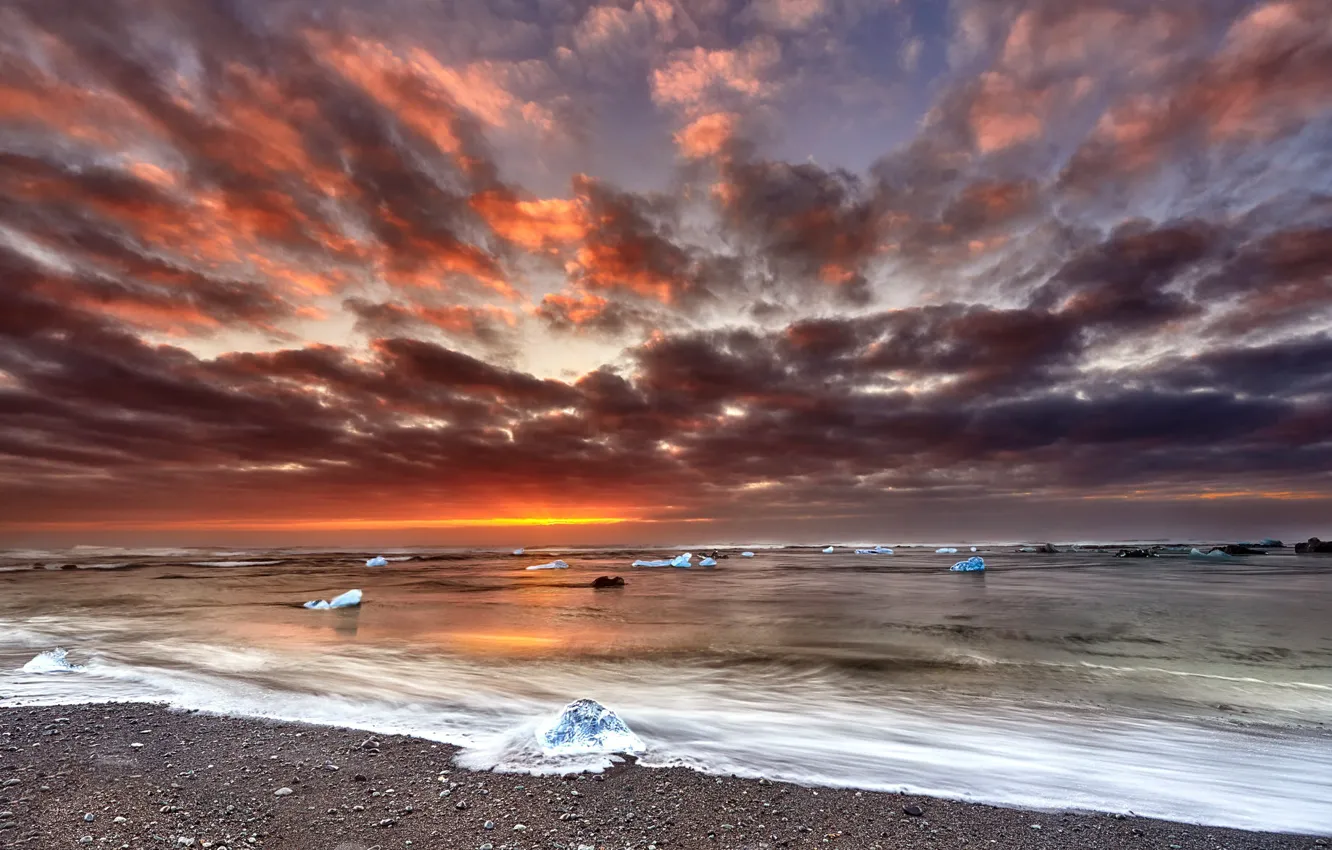Фото обои seascape, sunrise, iceland, Floating Diamonds