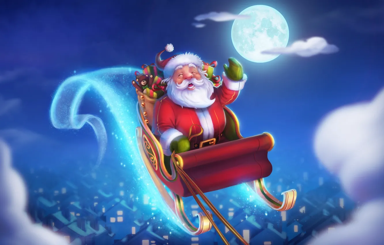 Фото обои Зима, Ночь, Рисунок, Луна, Рождество, Праздник, Санта Клаус, Арт,...