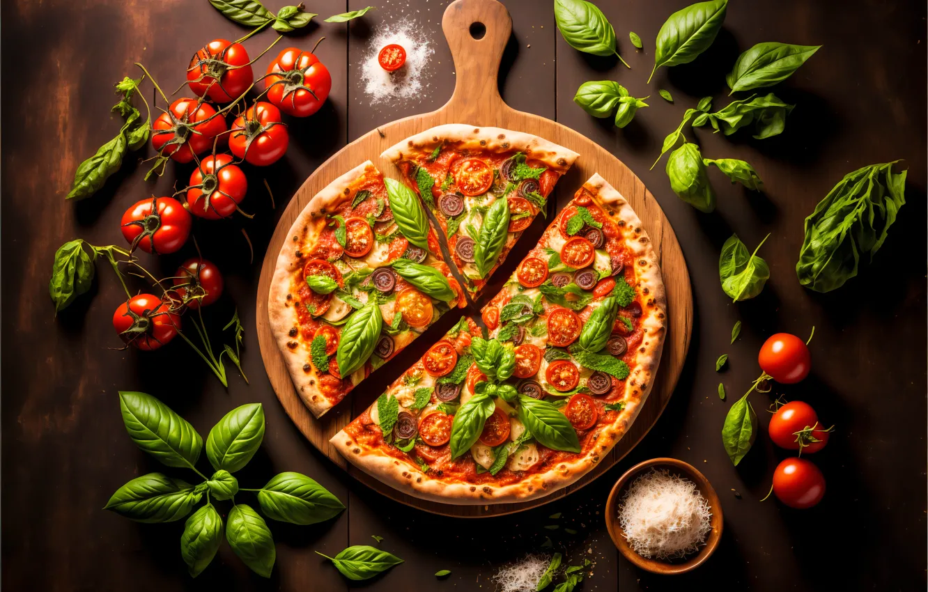 Фото обои пицца, помидоры, томаты, базилик