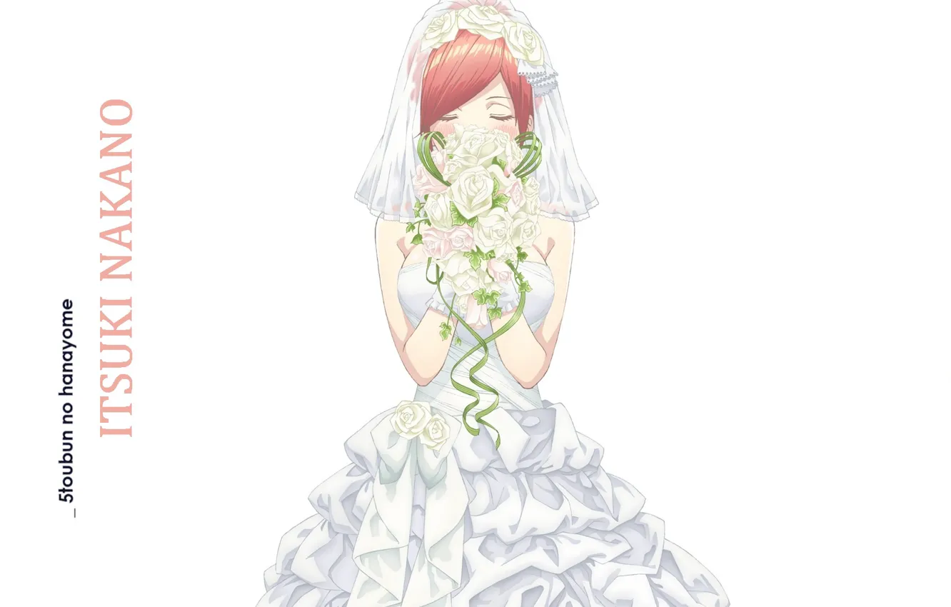 Фото обои белый фон, рыжая, свадебное платье, закрытые глаза, букет невесты...