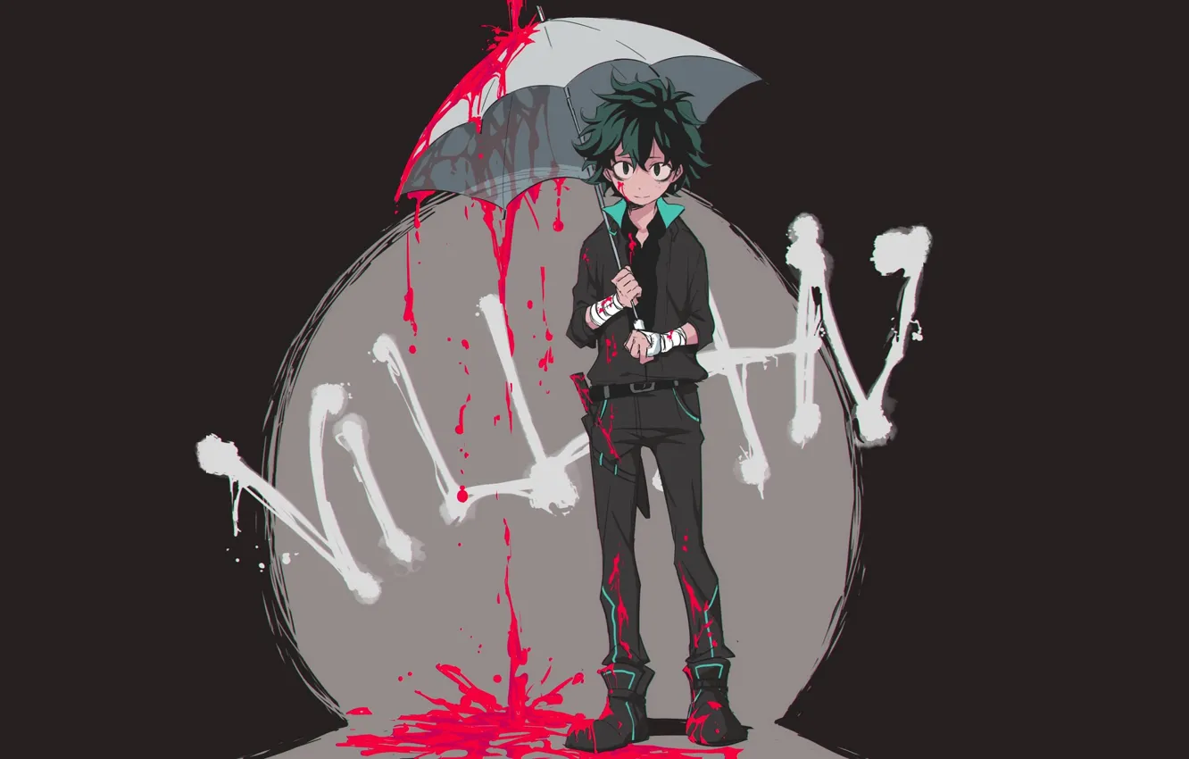 Фото обои взгляд, кровь, зонт, парень, Boku no Hero Academia, Мидория Изуку, Моя геройская акадеимя, Midoriya Izuku