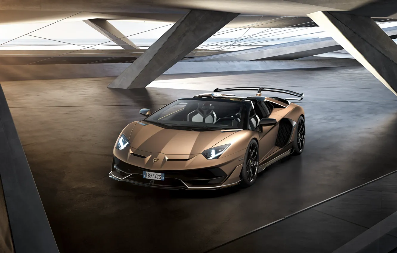 Фото обои машина, свет, фары, Lamborghini, спойлер, спорткар, диски, roadster, Aventador, SVJ