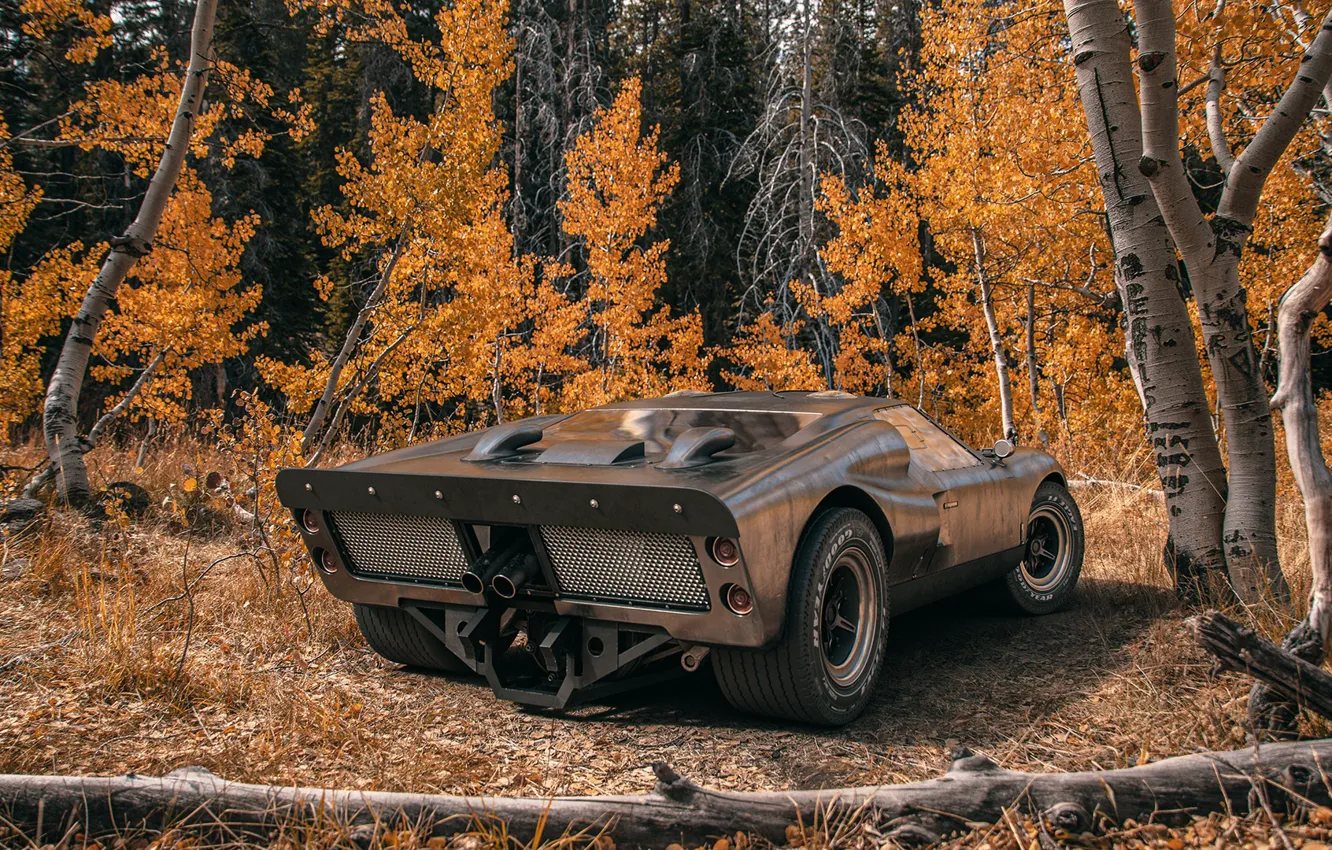 Фото обои лес, транспорт, бревно, автомобиль, 1966 Ford GT40 MkII