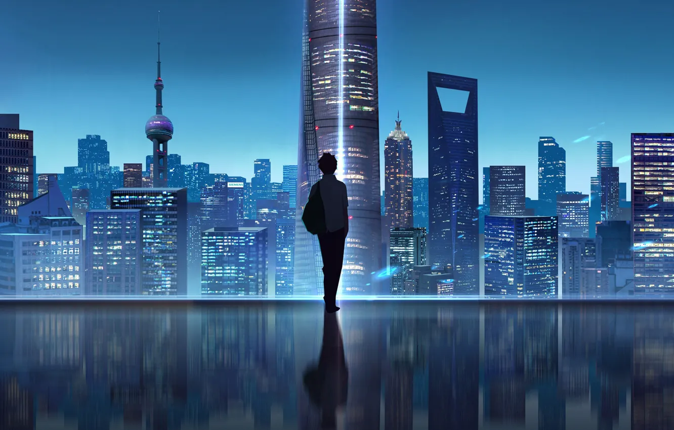 Фото обои China, Shanghai, City, Art, Night, Man, Skyscrapers, Architecture, Coordinate of Shanghai, Shawn Lee