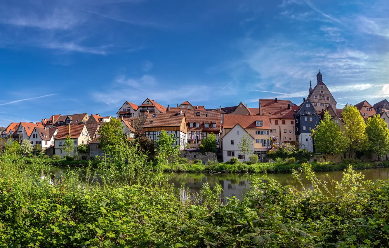 Фото обои река, здания, дома, Германия, кусты, Germany, Баден-Вюртемберг, Baden-Württemberg, Besigheim, Безигхайм