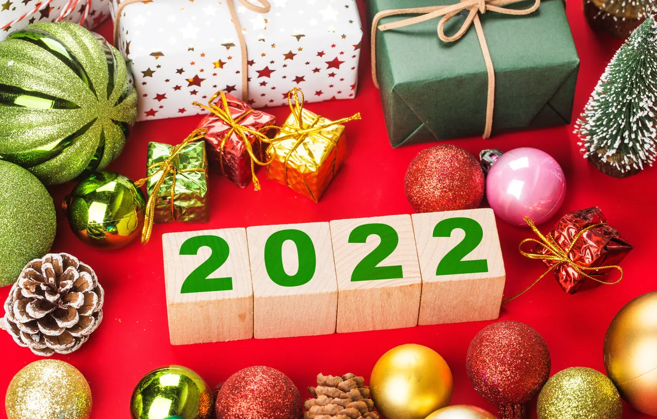 Фото обои шарики, шары, кубики, цифры, подарки, Новый год, 2022