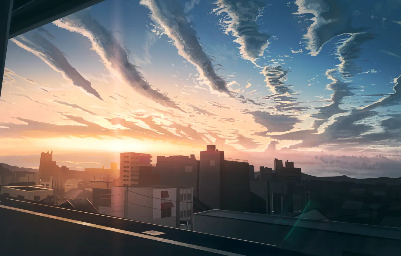 Фото обои закат, город, вид из окна