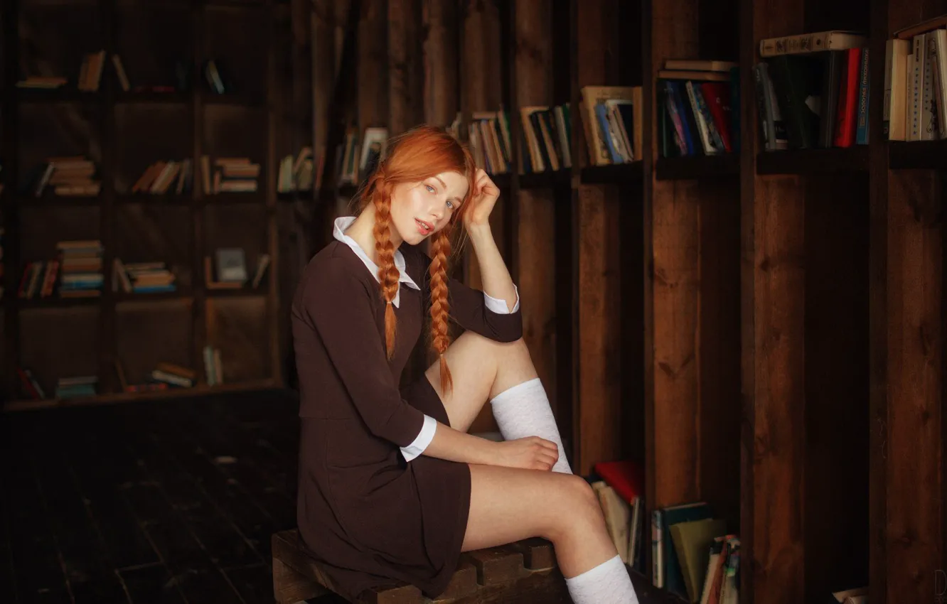 Фото обои dress, model, women, redhead, sitting, socks, braids, library, Anastasia Zhilina, women indoors