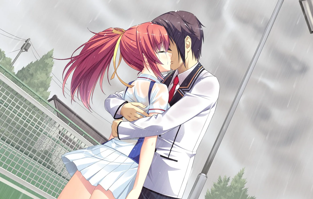 Фото обои девушка, дождь, игра, поцелуй, аниме, арт, парень, Mote Sugite Sh...