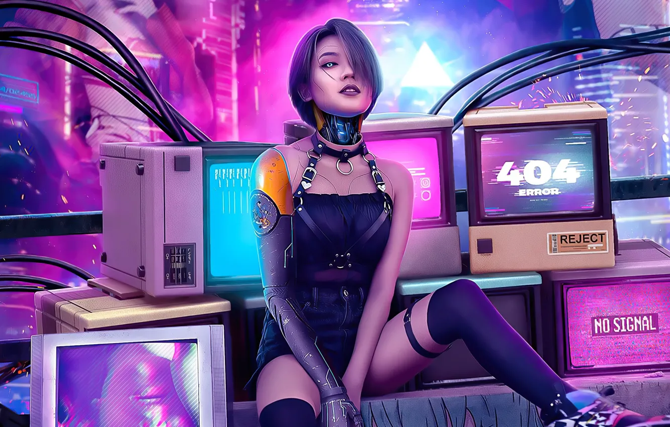 Фото обои секси, будущее, игра, робот, технологии, искры, sexy, robot, мониторы, ошибка 404, cyberpunk 2077, неоновые огни, …