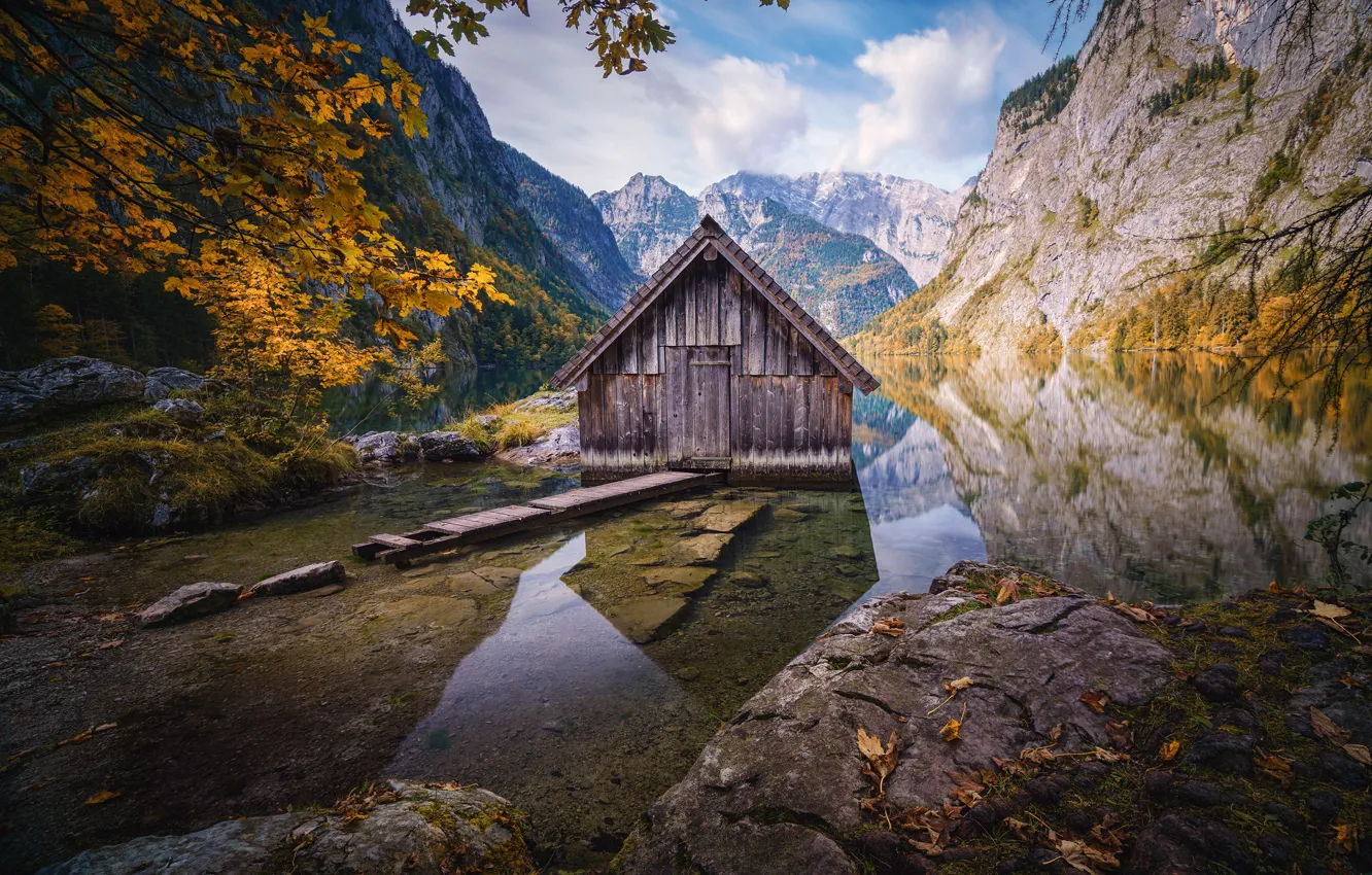 Фото обои осень, пейзаж, горы, природа, озеро, Германия, Бавария, Альпы, домик, Obersee, Оберзее
