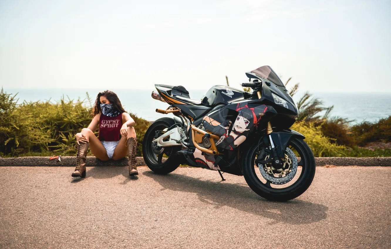Фото обои Girl, Honda, Motocycle, Bandana, cbr600rr-r