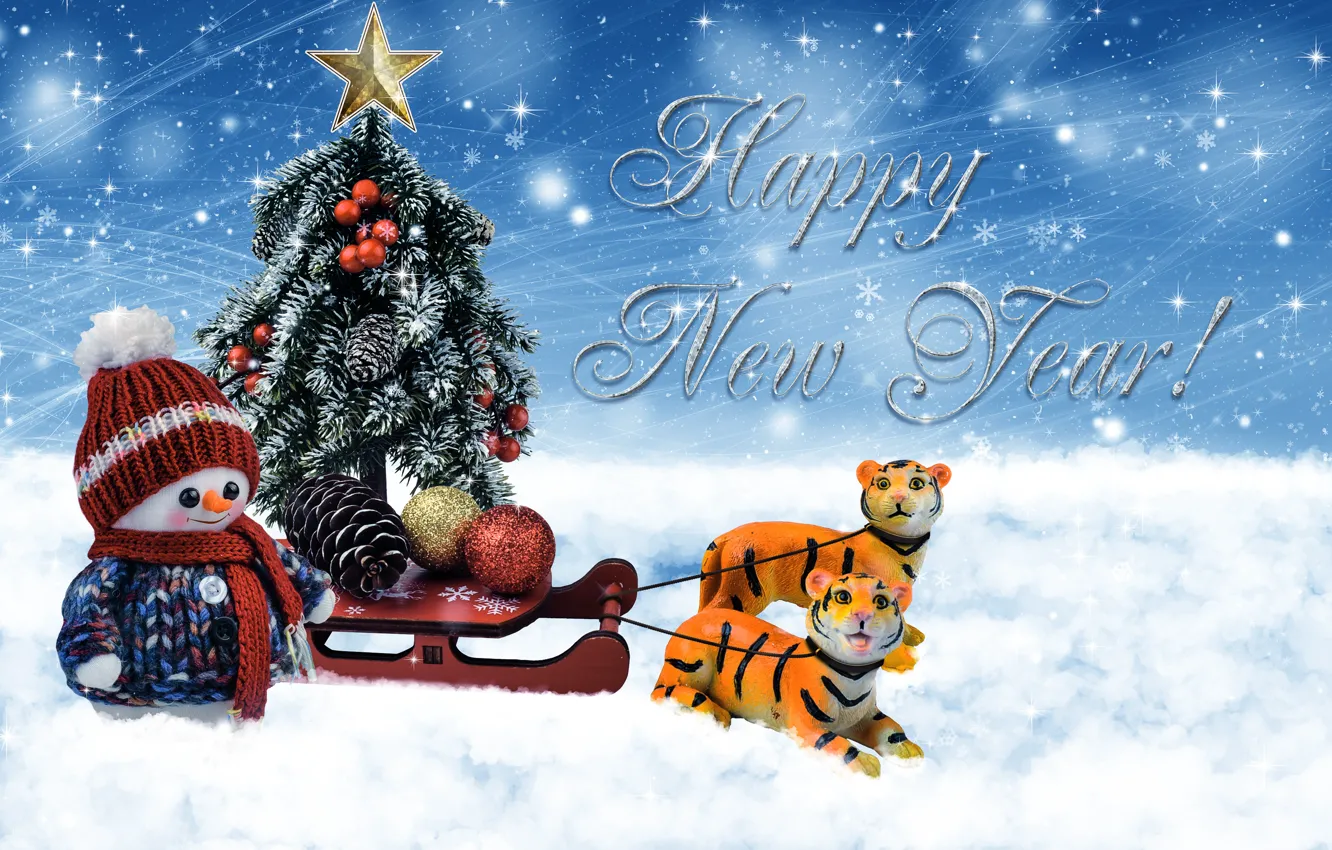 Фото обои шарики, праздник, игрушки, Рождество, пара, Новый год, снеговик, упряжка, сани, ёлочка, тигры, год тигра, фигурки, …
