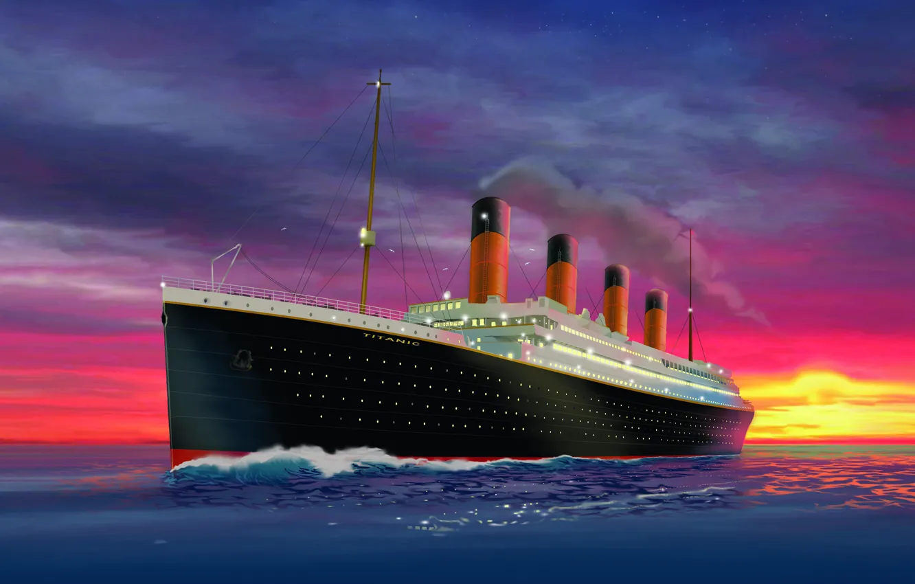 Фото обои Закат, Океан, Рисунок, Титаник, Судно, Нос, Арт, Живопись, Titanic, Рендеринг, Бак, RMS Titanic, Круизный лайнер, …