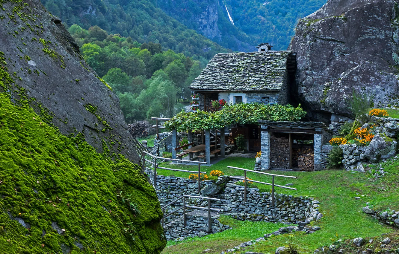 Фото обои пейзаж, горы, природа, дом, Швейцария, ограждение, леса