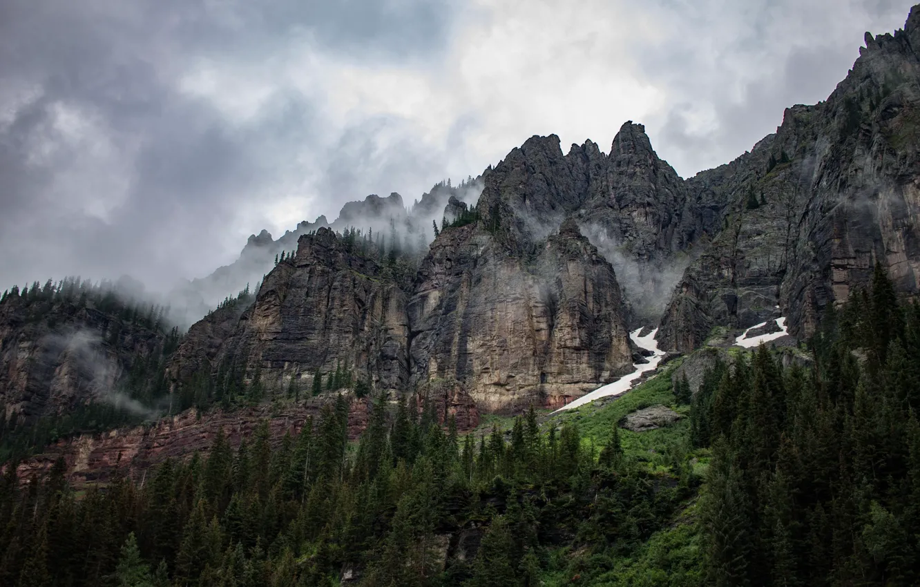 Фото обои небо, деревья, горы, тучи, природа, скалы, Колорадо, США, Теллерайд
