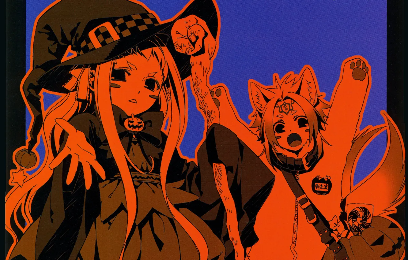 Фото обои ведьма, halloween, witch, Hiiro no Kakera, тыквы зла, черная магия, багровые осколки, светильник джека, by …