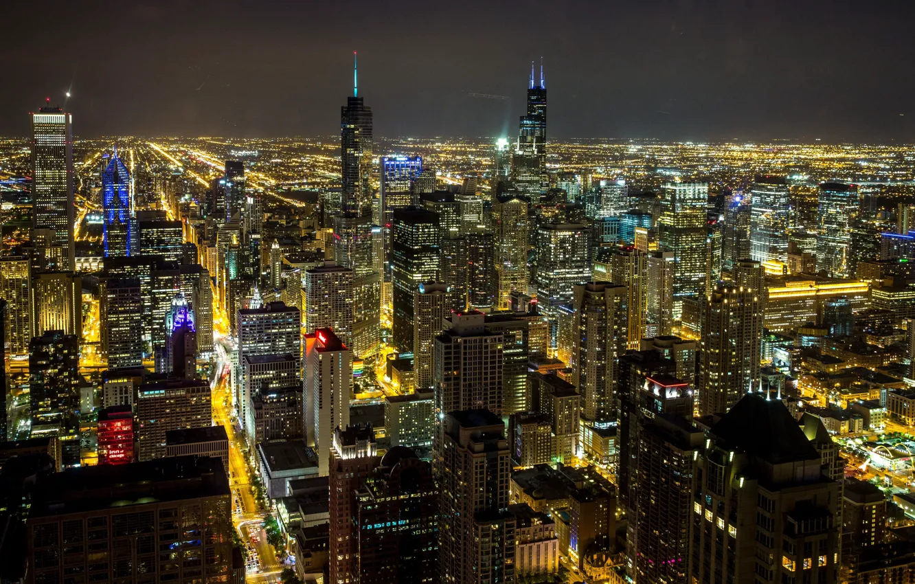 Фото обои city, lights, Chicago, Illinois, panorama, night, glow, streets, buildings, architecture, skyscrapers, cityscape, metropolis, 4k ultra …