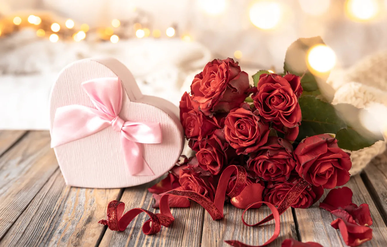 Фото обои цветы, стиль, подарок, сердце, букет, Valentine's Day, День Святого Валентина, красные розы