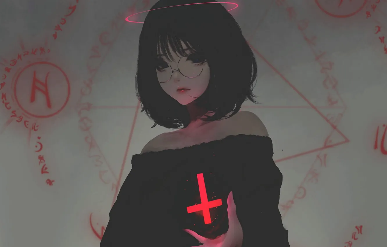 Фото обои крест, школьница, заклинание, пентаграмма, черные волосы, черная магия, сглаз, by Aoi Ogata, магическая сила