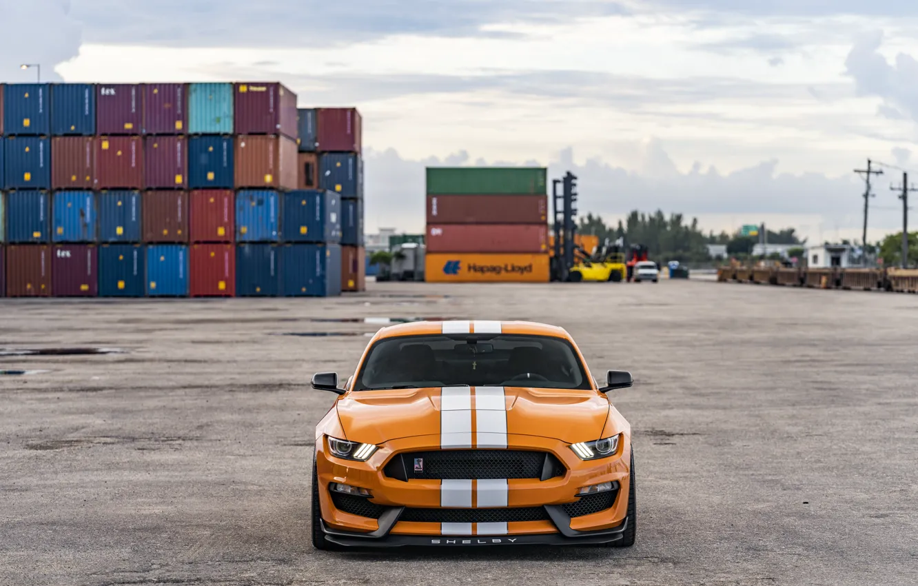 Фото обои Mustang, Ford, Orange, Sky, American Muscle, Strips