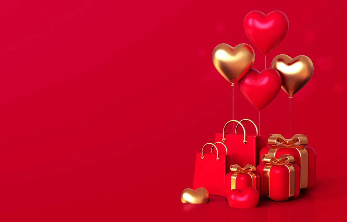 Фото обои любовь, романтика, сердце, подарки, сердечки, red, golden, love, happy, romantic, hearts, открытка, 14 февраля, Valentine's …