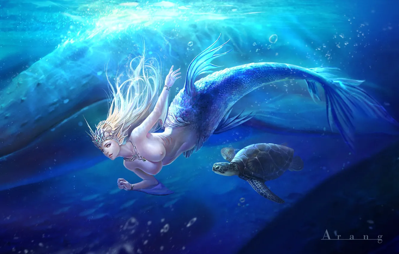 Фото обои океан, русалка, фэнтези, арт, черепашка, Mermaid, TaeKwon Kim(A-rang)