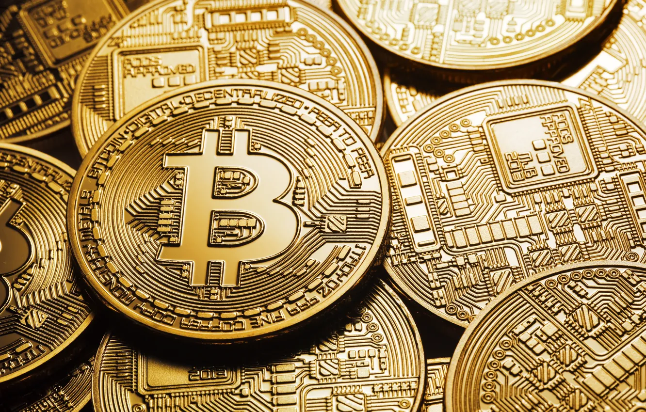 Фото обои размытие, лого, logo, осветление, coins, bitcoin, биткоин