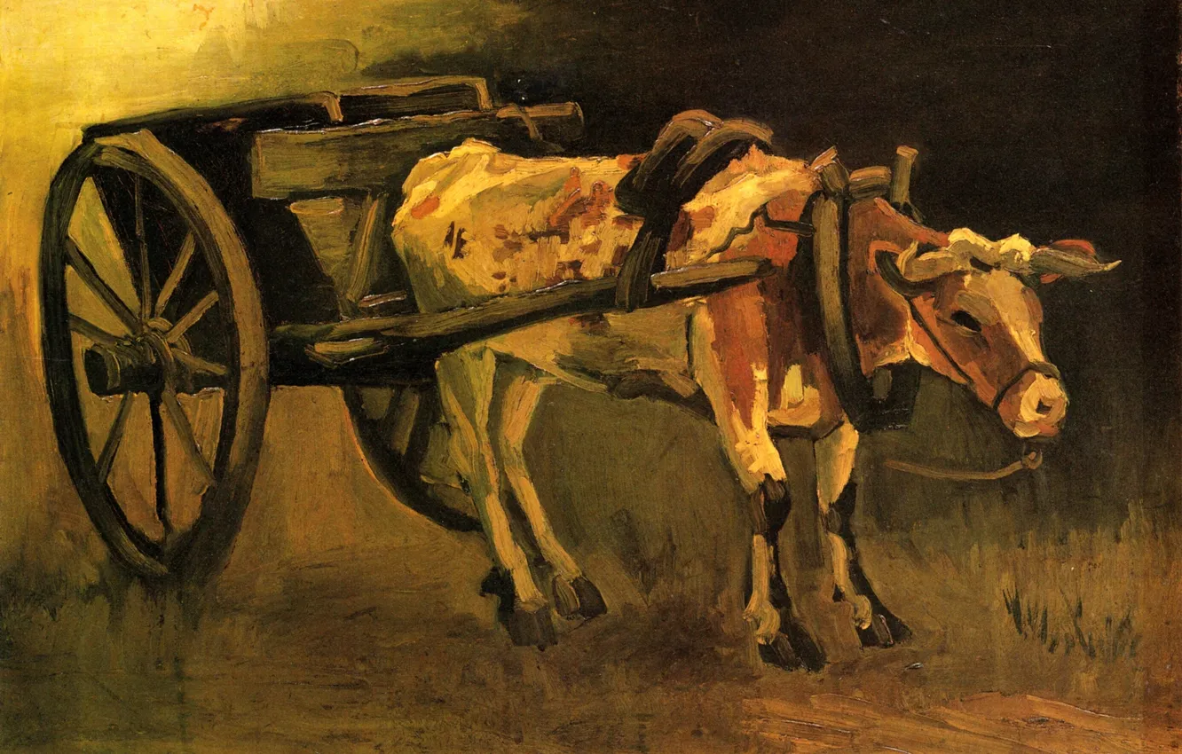 Фото обои повозка, бык, Винсент ван Гог, Cart with Red and White Ox