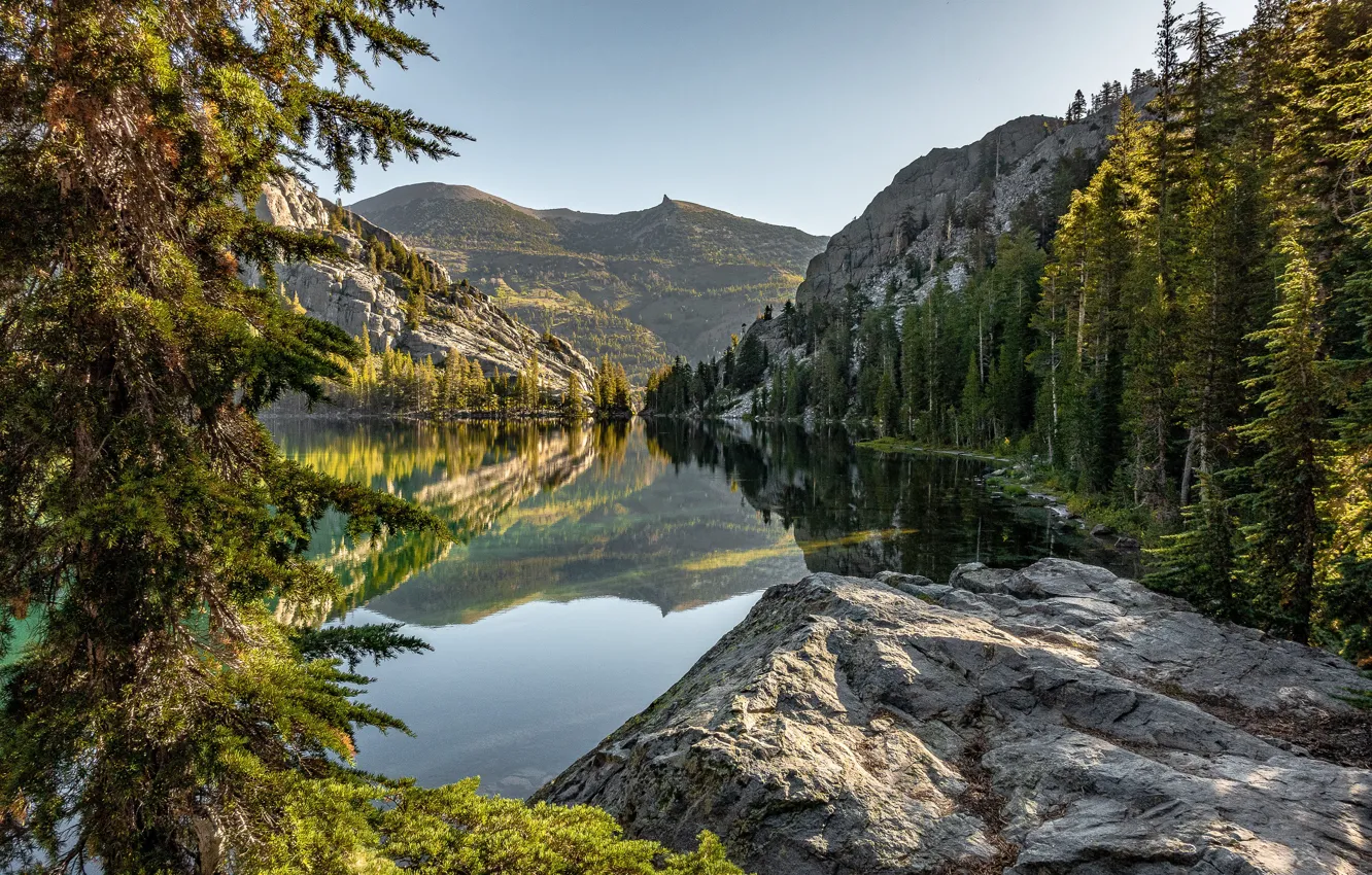 Фото обои лес, горы, озеро, отражение, камень, Калифорния, California, Сьерра-Невада, Sierra Nevada, Красное озеро, Red Lake