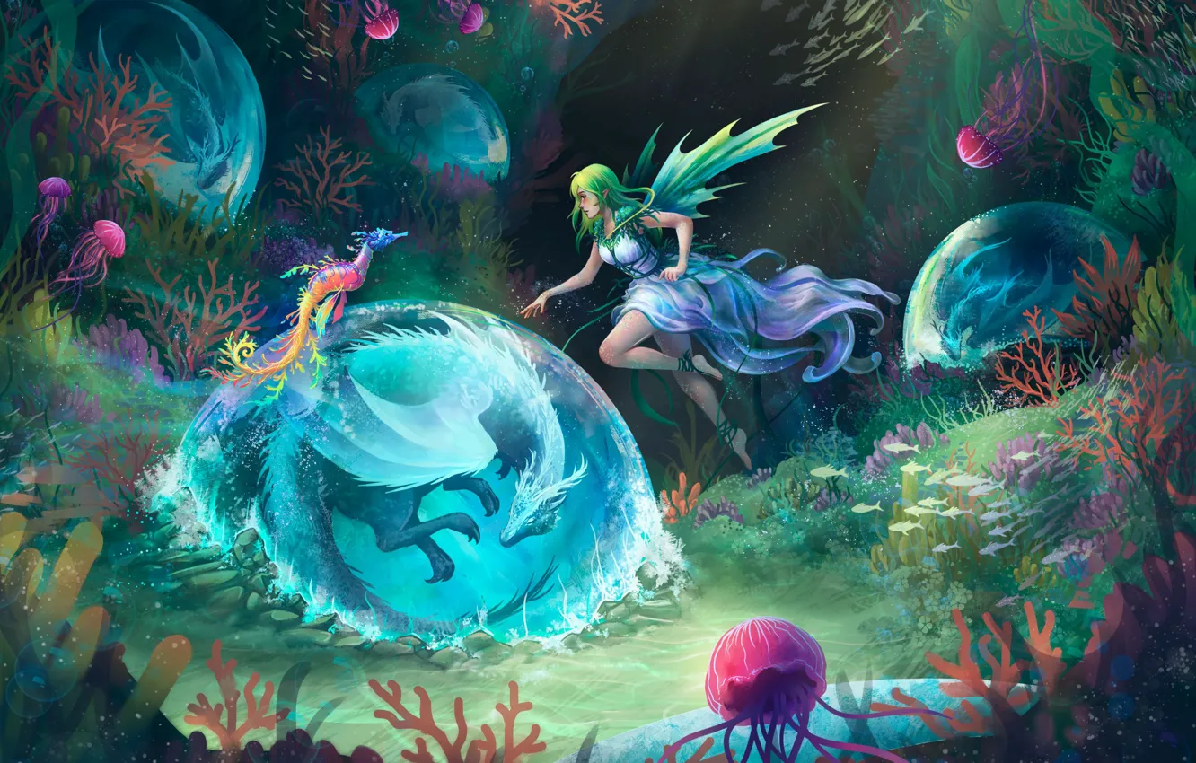 Фото обои яркие краски, водоросли, фея, медузы, подводный мир, fairy, jellyfish, bright colors, algae, на дне, underwater …