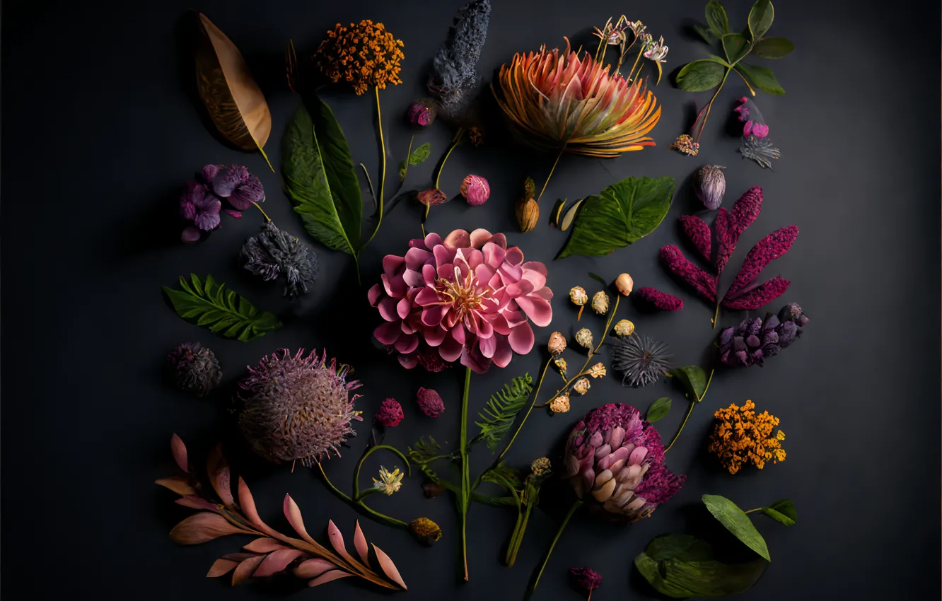 Фото обои листья, цветы, dark, натюрморт, flowers, background, leaves, still life, композиция, composition, floral, цветочная