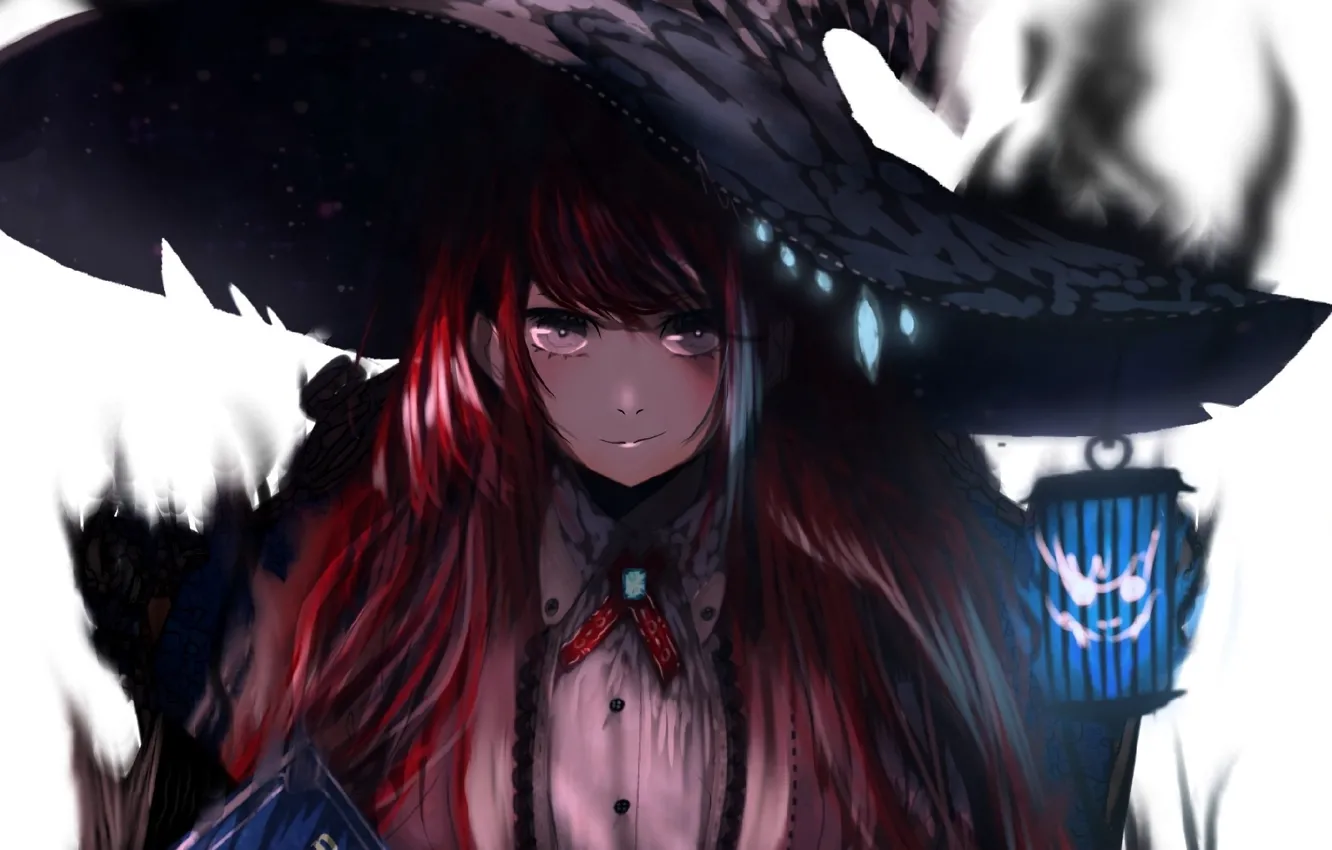 Фото обои Dragon, красные волосы, witch, черная магия, заклятие, ведьма в шляпе, магическая сила, Kaburami