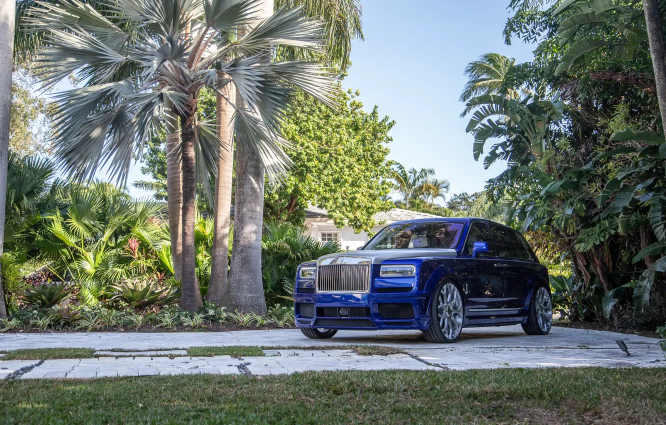 Фото обои Rolls Royce, Blue, SUV, Silver, Palm, Cullinan