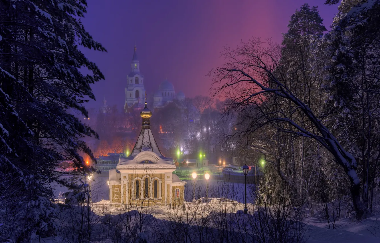 Фото обои зима, снег, деревья, природа, утро, освещение, собор, часовня, монастырь, Валаам, Сергей Гармашов