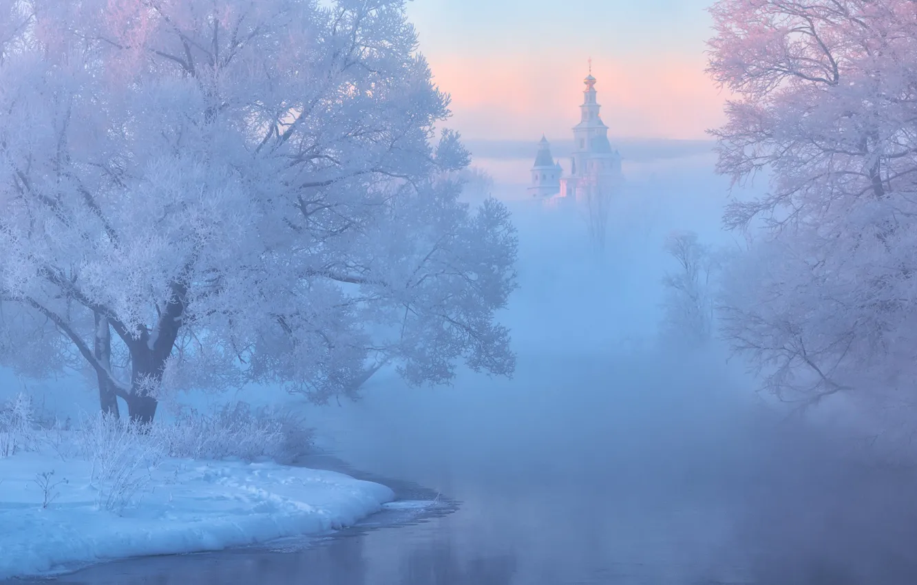 Фото обои Winter, river, trees, landscape, nature, sunset, snow, cold, mist, church