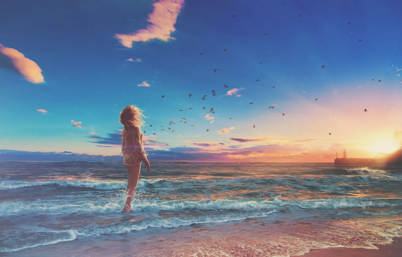 Фото обои море, волны, пляж, девушка, птицы, маяк, горизонт, waves, girl, beach, sea, sunset, закат солнца, birds, …