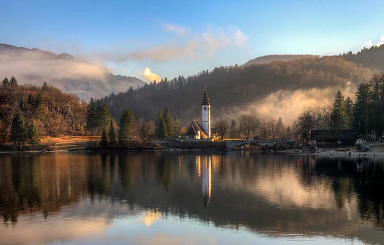 Фото обои зима, облака, пейзаж, мост, природа, туман, озеро, отражение, церковь, леса, Словения, Бохинское озеро, Гордеев Эдуард, …