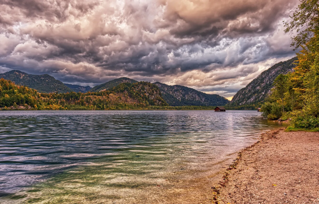 Фото обои фото, HDR, Природа, Облака, Горы, Осень, Озеро, Австрия, Побережье, Lake Almsee, Habernau