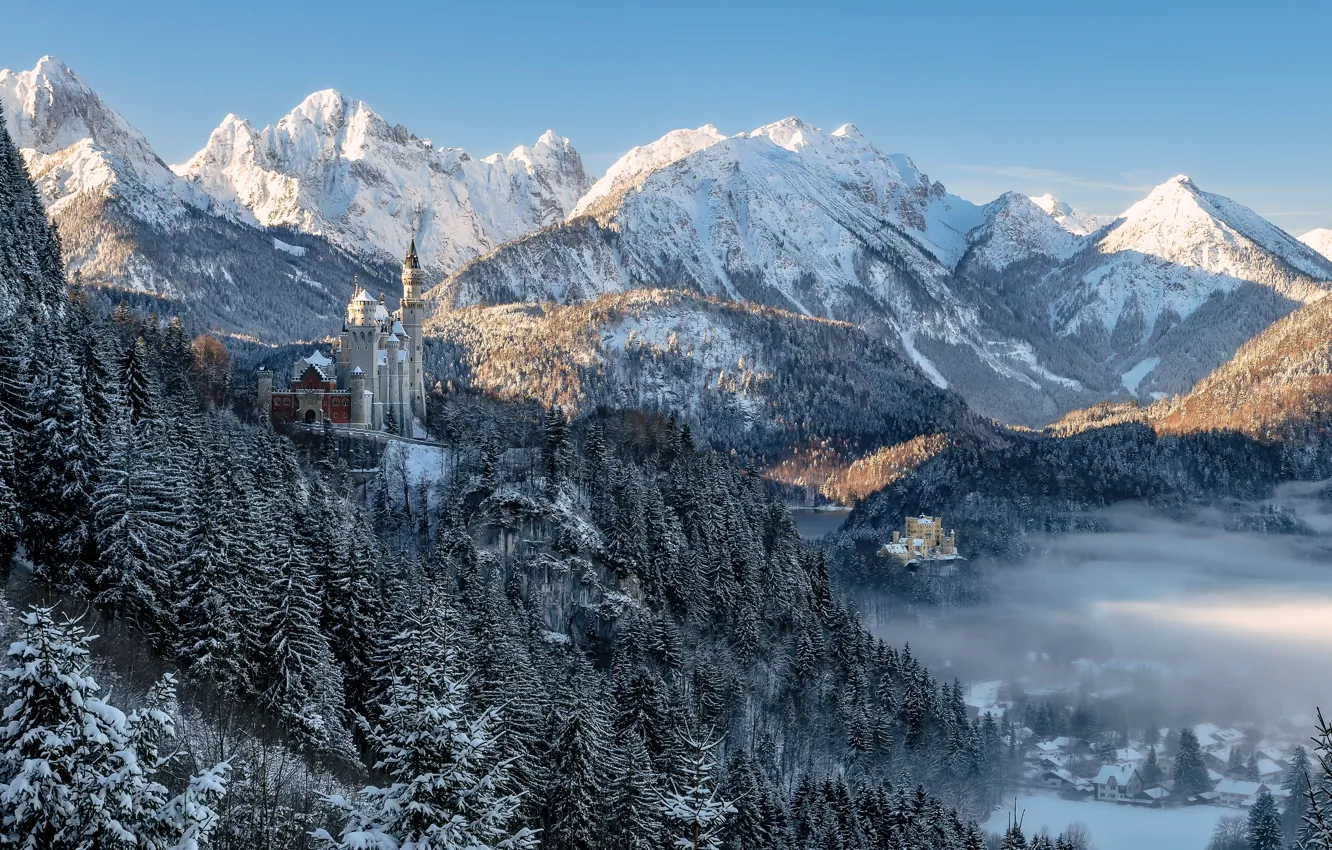 Фото обои зима, лес, деревья, горы, замок, Германия, Бавария, Germany, замки, Bavaria, Neuschwanstein Castle, Bavarian Alps, Баварские …